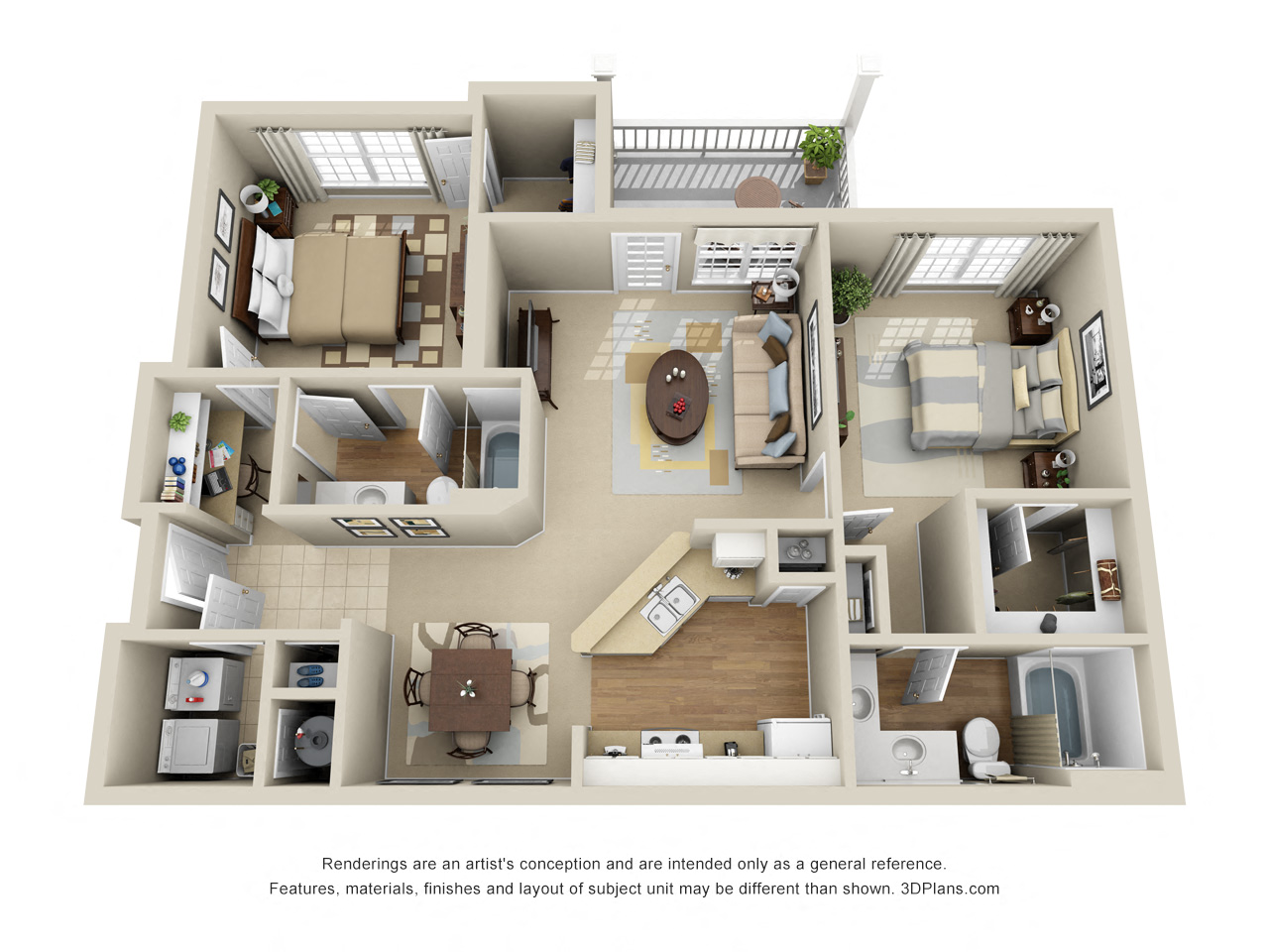 Floor plan for 2 beds, 2 baths, 1122 sqft